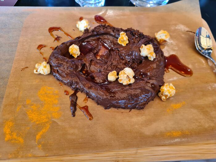 I Swear, It's A Chocolate Mousse And Pop-Corn On A Wooden Board....