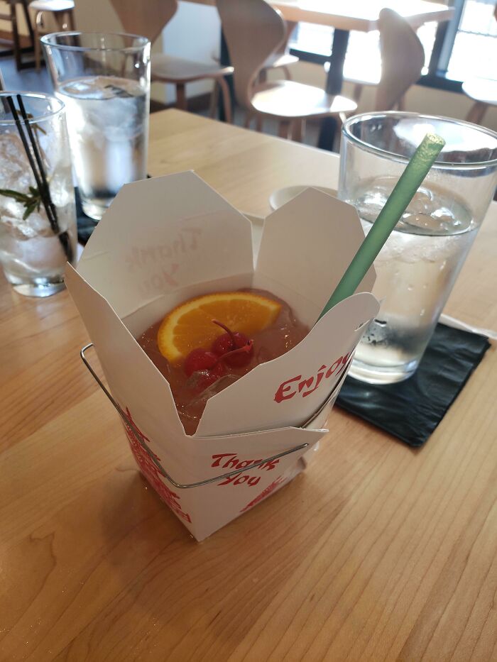 Cocktail In A Takeout Box. Only A Little Leaky