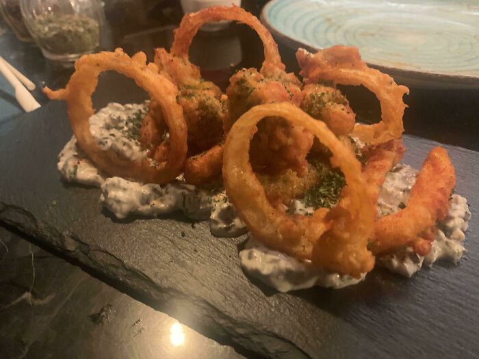 Onion Rings And Gravy On A Stone Slab!