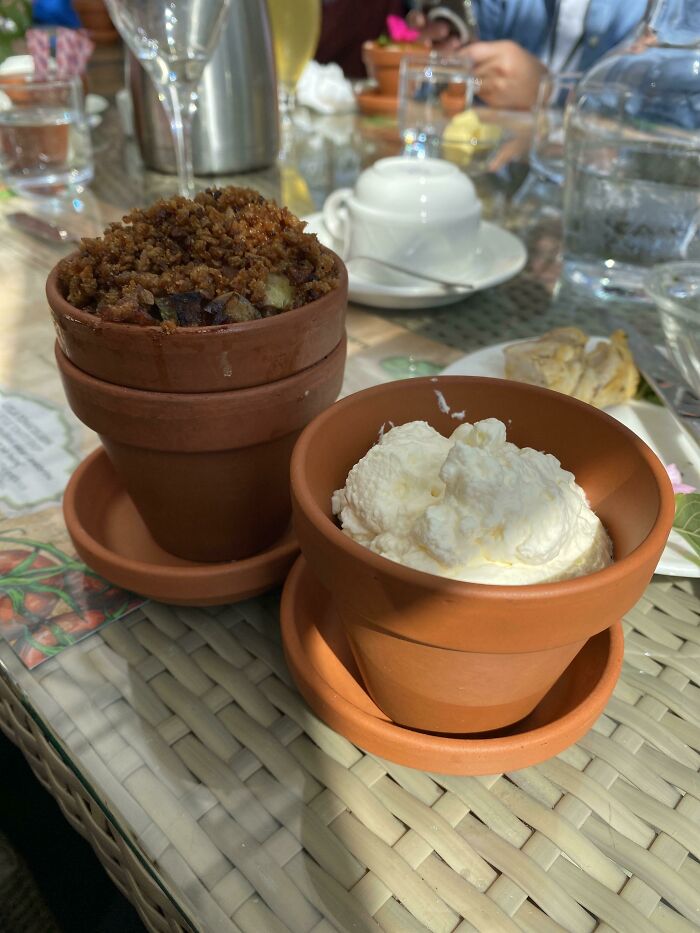 Apple Pie And Whip Cream In Pots