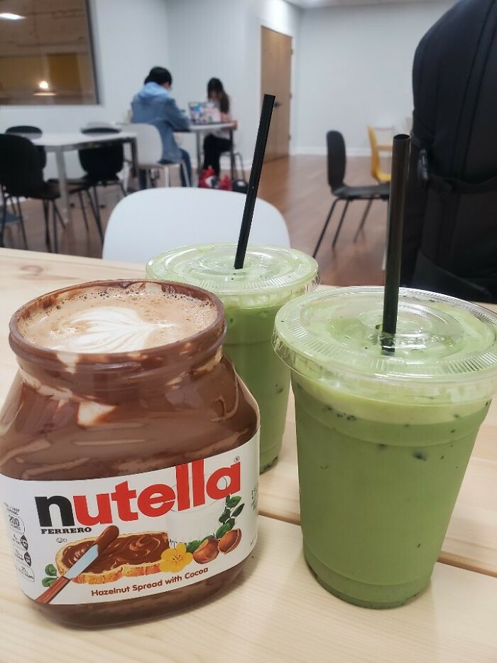 This Cafe Serves A 'Nutella Latte' In The Original Container If There's Only Enough Left For One Serving. (Of Course They Ask Beforehand If You Want It In The Bottle Or Regular Cup. Yum Melted Plastic)