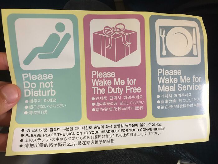 Korea Air Has Stickers To Signal The Cabin Crew What To Do When You're Sleeping In Flight