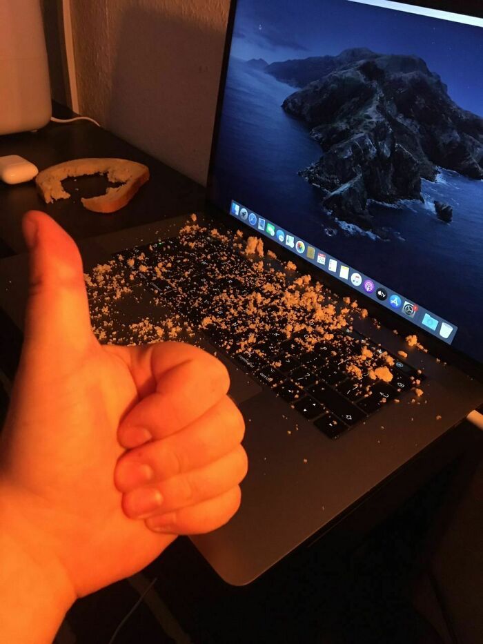 My Friend Put Breadcrumbs On Purpose On His MacBook In Order To Enlist To A Free Keyboard Replacement Program