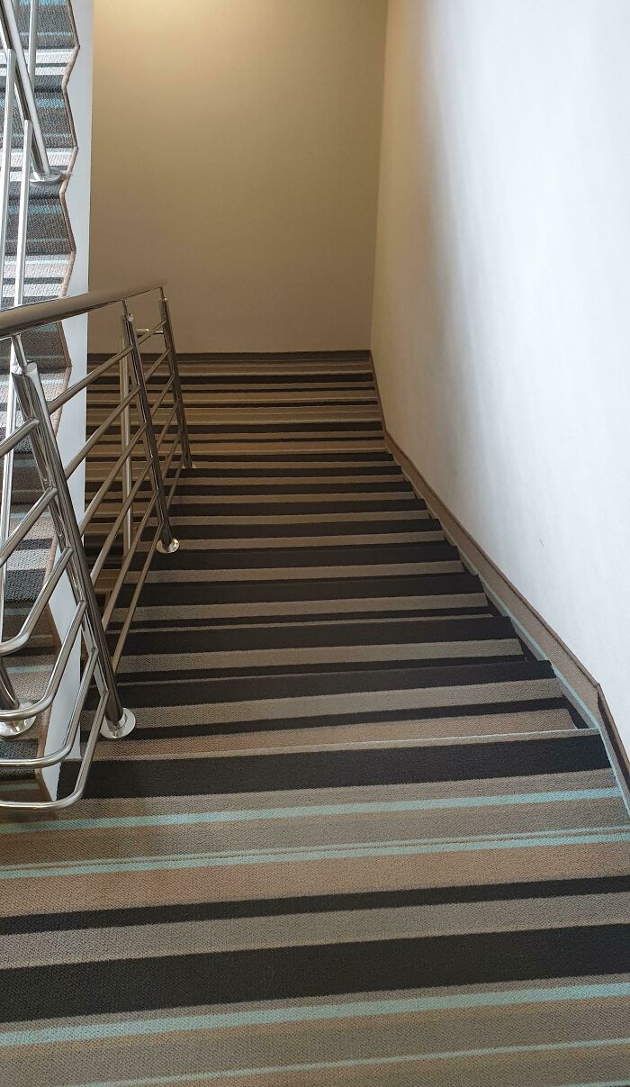 Striped Carpet On Hotel Stairs. Hard To Use Even After Two Weeks And Completly Sober