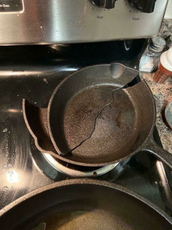 Buddy Sent Me This. Cast Iron Pan That Decided It Was Tired Of Their Stuff