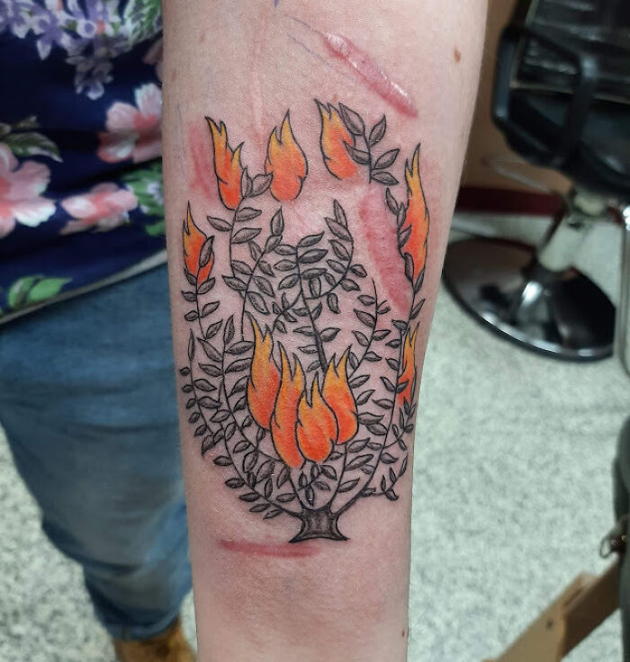 Got Tattooed Around Some Fresh Scarring From A Suicide Attempt. It's The Burning Bush From Moses' Story In Exodus. It Represents That, Going Forward, I Will Not Be Consumed