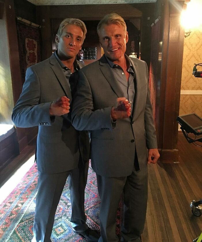 Dolph Lundgren With His Stunt Double On The Set Of Arrow
