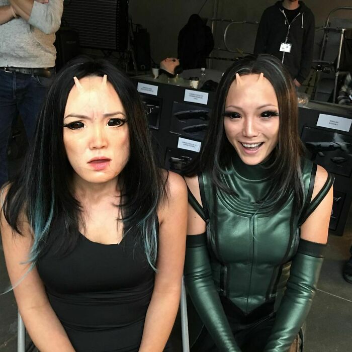 Pom Klementieff With Her Stunt Double On The Set Of Guardians Of The Galaxy