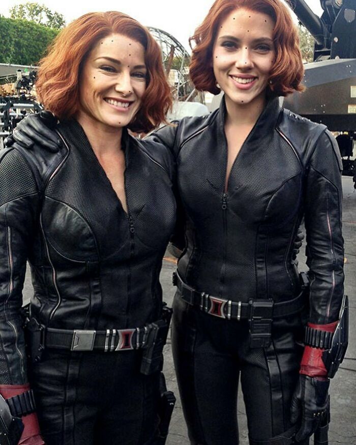 Scarlett Johansson With Her Stunt Double On The Set Of The Avangers