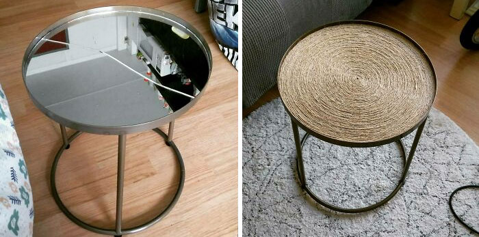 Got This Side Table From The Curb. It's Top Was Broken, So I Spend A Little Over 3 Hours And €4 Worth Of Rope And Glue To Upcycle It To This!