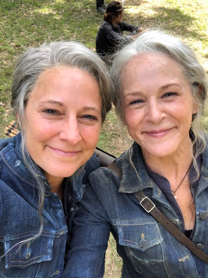 Melissa McBride And Her Stunt Double On The Set Of Walking Dead