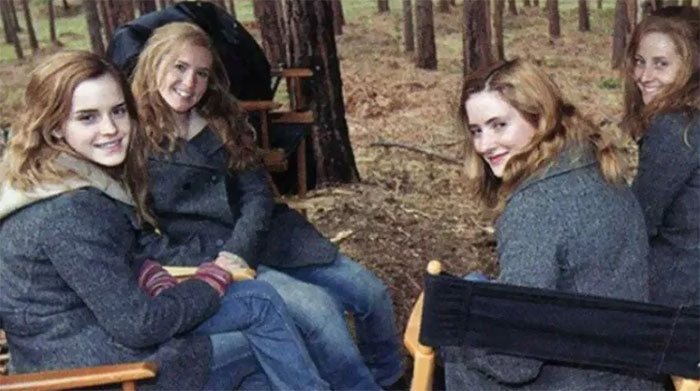 Emma Watson With Her Stunt Doubles On The Set Of Harry Potter