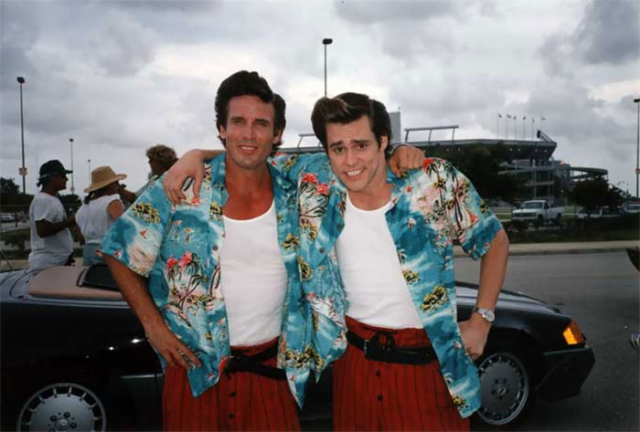 Jim Carrey With His Stunt Double On The Set Of Ace Ventura: Pet Detective (1994)
