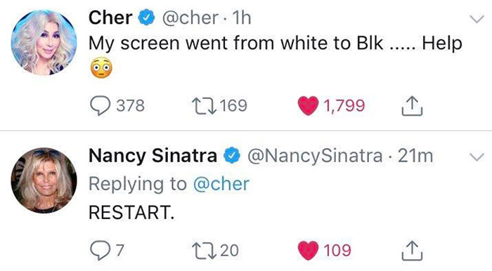 Cher Accidentally Turning On Night Mode And Nancy Sinatra Telling Her To Restart. Amazing