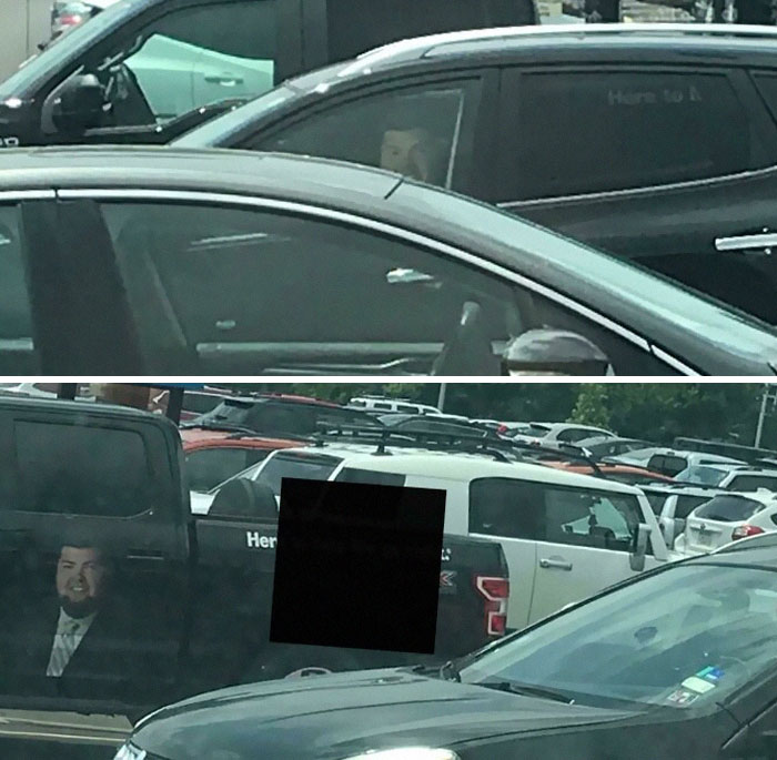 Was Trying To Figure Out Why This Guy Wouldn’t Stop Staring At Me From His Car. Turns Out It’s Just An Advertisement On The Car Behind It