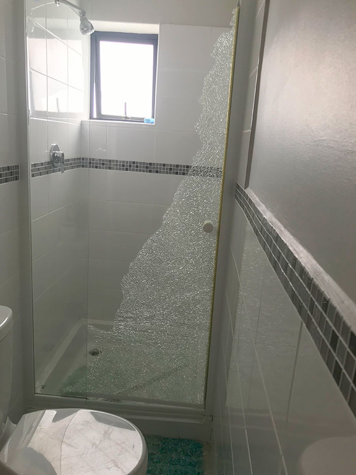 Shower Door Randomly Exploded At 1 Am This Morning Giving Me And The Dogs The Fright Of Our Lives