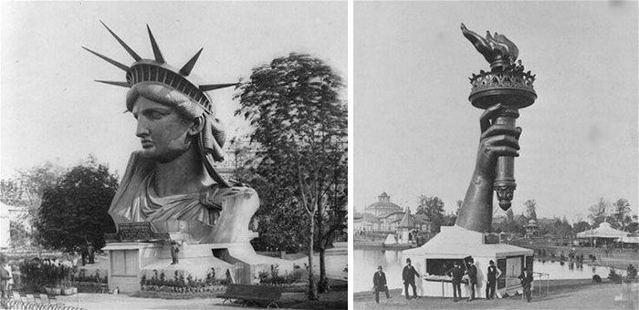 a Estatua de la Libertad en la Feria Mundial de París de 1878 antes de ser ensamblada y enviada a Estados Unidos