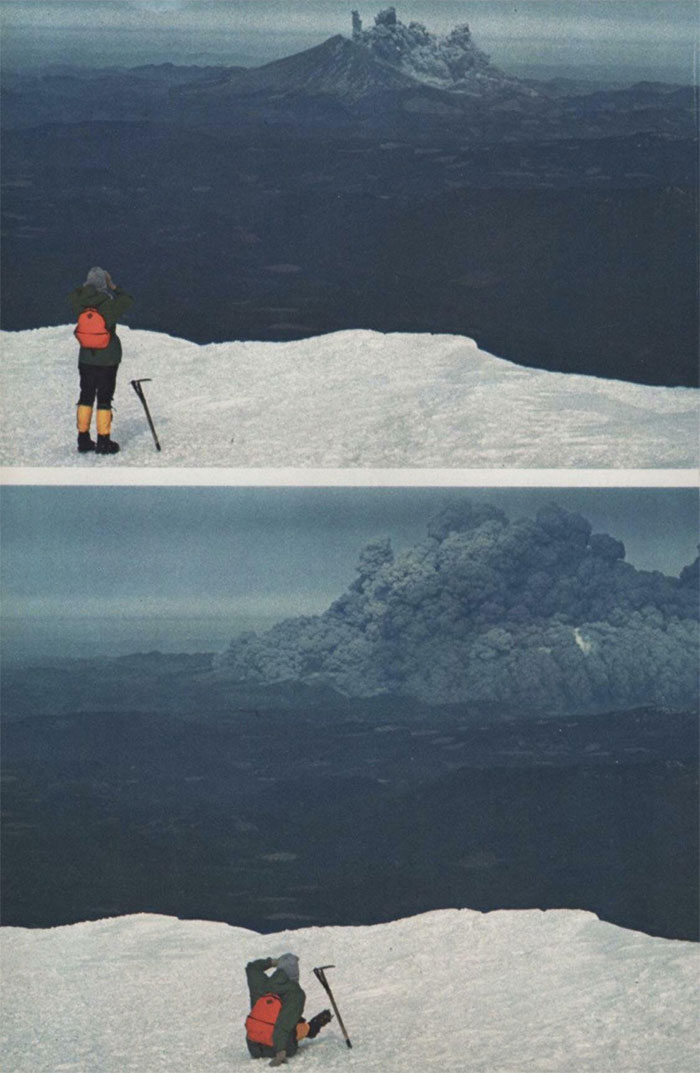Foto de un excursionista observando la erupción del Monte St. Helens desde el Monte Adams, a unos 60 kilómetros al este