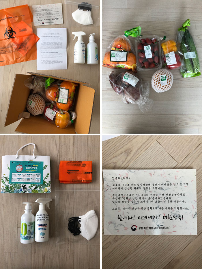 Este paquete de atención que el gobierno de Corea del Sur me envió mientras estoy en el segundo día de cuarentena