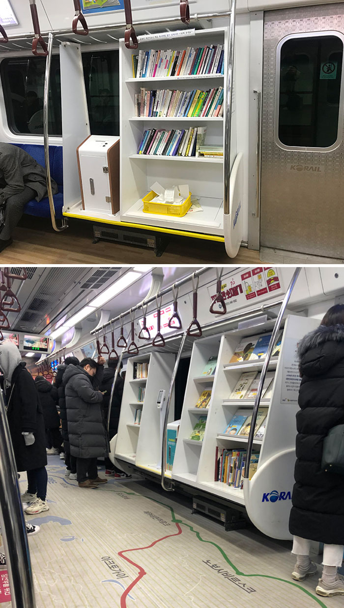Este vagón de metro en Seúl tiene una minibiblioteca