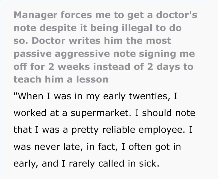 Doctor Writes "The Most Passive-Aggressive Note" To Sign Off An Employee For 2 Weeks Instead Of 2 Days After Her Jerk Manager Illegally Threatens To Fire Her