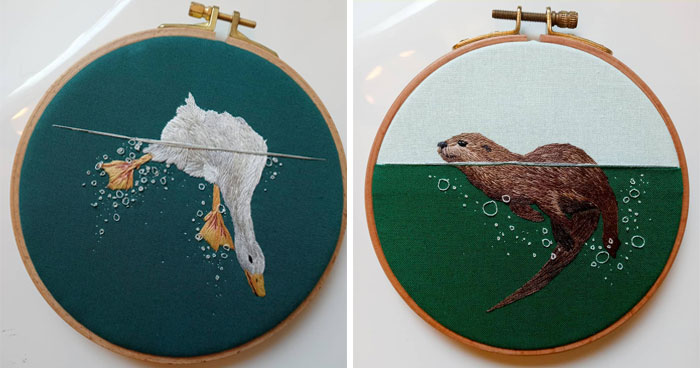 30 Preciosos bordados de animales acuáticos disfrutando del agua, por la artista Megan Zaniewski