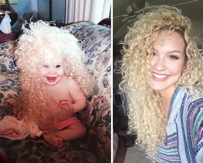Me As A Baby Wearing A Ridiculous Wig vs. Me At 21 With The Hair I Ended Up Growing