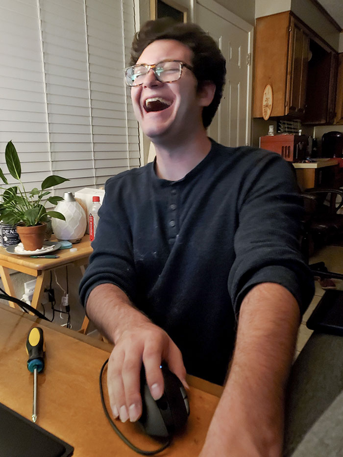 My Husband Just Finished Building His First PC And I Captured The Moment He Turned It On. This Is Pure, Authentic Joy And I Couldn't Be More Proud Of Him
