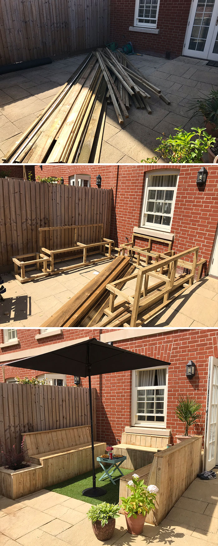 ¡Así es! ¡Es otro proyecto de patio en la cuarentena! Construí un conjunto de bancas para nuestro pequeño patio