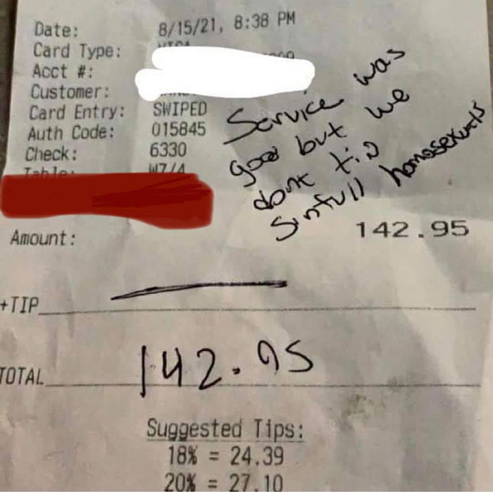 People Online Step Up After Gay Server Is Left With A Homophobic Message Instead Of A Tip