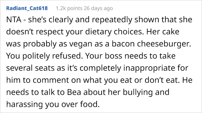 Woman Makes Fun Of Her Vegan Co-Worker, Gets Upset When She Refuses To Try Her "Vegan" Cake