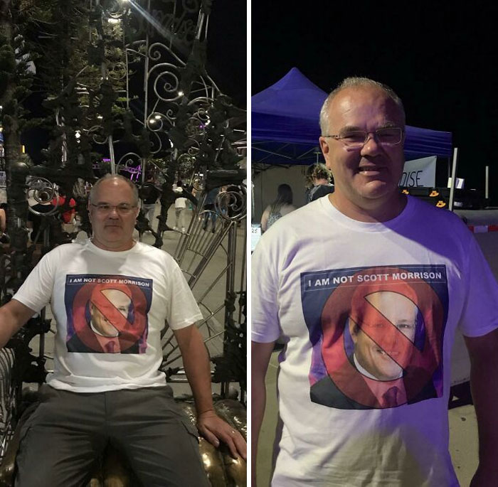 Se pensaban que mi padre era Scott Morrison, así que le hicimos esta camiseta para mantenerle a salvo mientras viaja por Australia