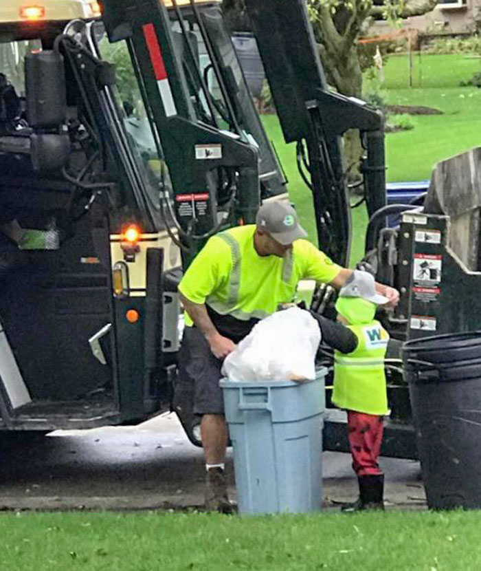 Every Thursday Morning My Little Nephew Waits For The Garbage Man To Arrive So He Can Help. Today They Brought Him A WM Hat To Wear