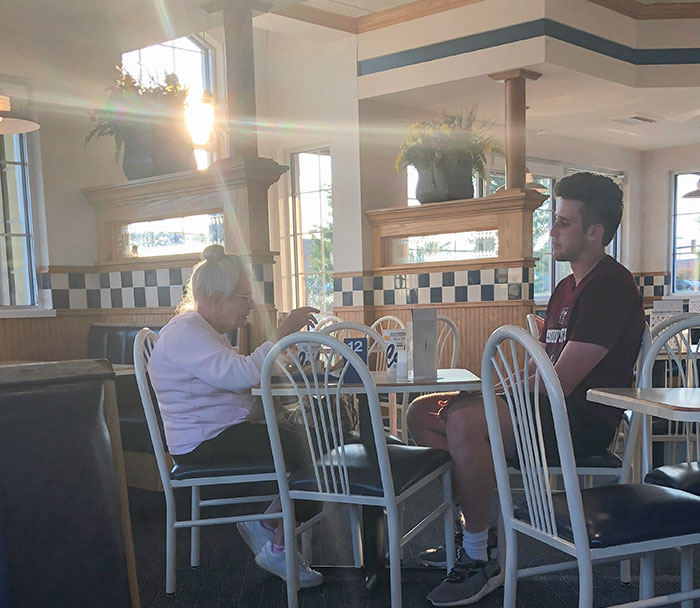 Young Man Comes In Alone, Sees The Older Lady Eating By Herself, Asks To Join Her. Instant Friends. This Is What Is Right In The World