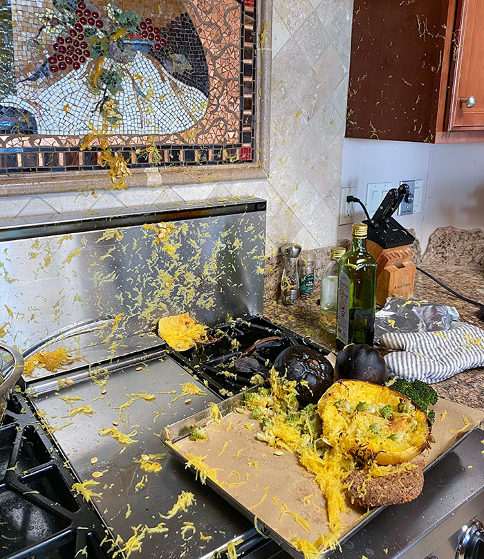This Is What Happens When You Forget To Poke A Hole In Spaghetti Squash And Then Attempt To Cut It After It’s Baked. It Explodes In Your Face