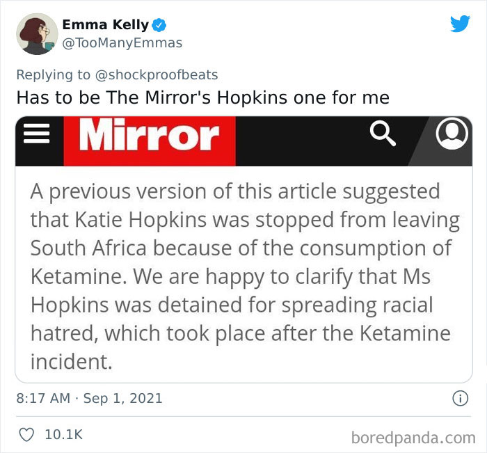 Twitter post showing a newspaper correction about Katie Hopkins and a humorous newspaper fail shared online.