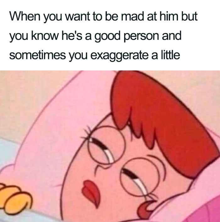 Cartoon woman lays in bed with exaggerated expression; funny girl meme captures relatable emotions.