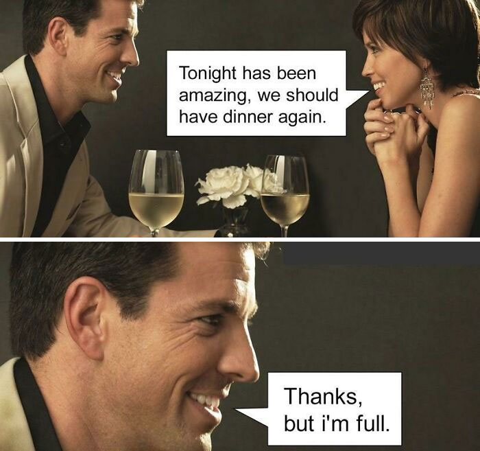 Man delivers a dad joke during romantic dinner in cringy stock photo, making woman laugh.