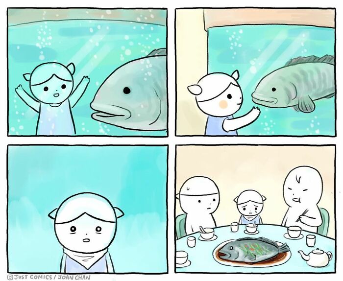 Child interacting with fish in an aquarium contrasted with a fish served on a dinner table highlighting animal a***e and factory farming.