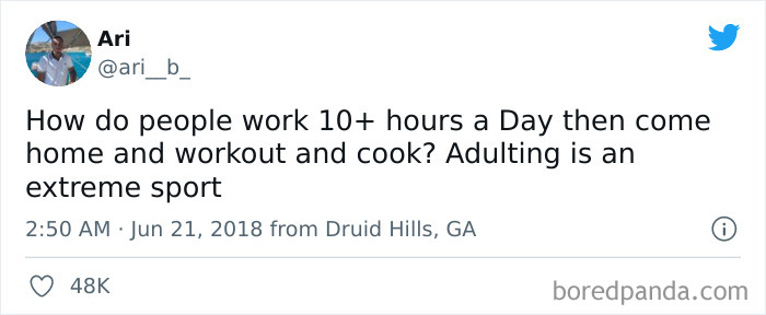 Funny adult meme about long work hours and adulting as an extreme sport.