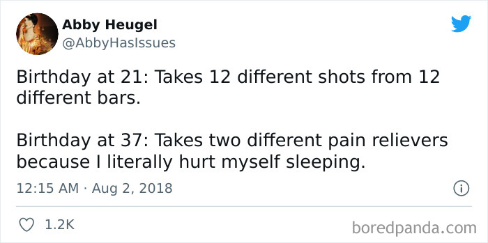 Funny adult meme comparing birthday activities at ages 21 and 37 in a humorous tweet format.