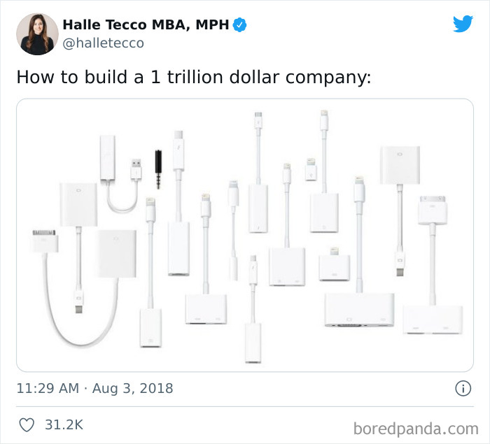 Various white electronic adapters and cables displayed on a white background illustrating anti-consumption irony.