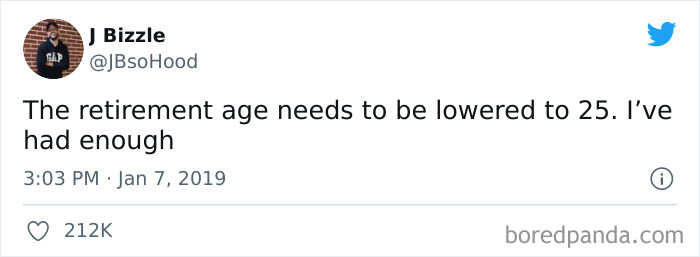 Funny adult meme tweet about lowering the retirement age to 25 for comedic effect.