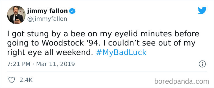 Tweet by Jimmy Fallon sharing a funny bad luck moment about getting stung by a bee on his eyelid before Woodstock.