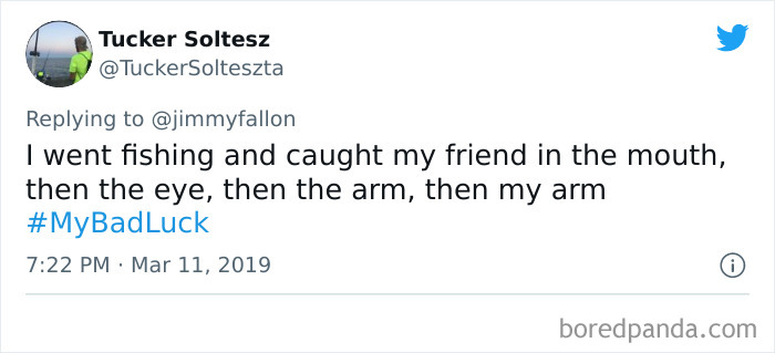 Tweet showing a funny #BadLuck moment shared by a user about accidentally hurting a friend while fishing.