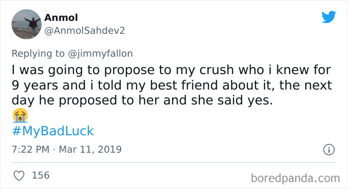 Tweet showing a bad luck story about a proposal shared in response to Jimmy Fallon’s bad luck moments prompt.