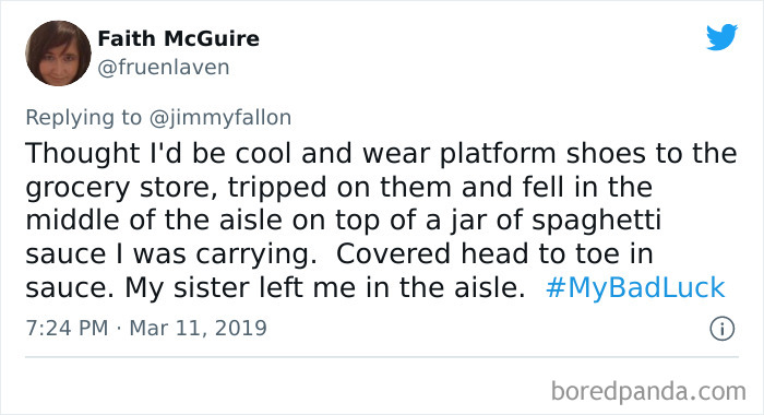 Tweet showing a funny bad luck moment where someone trips on platform shoes and falls in grocery store aisle.
