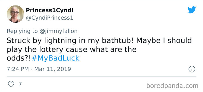 Tweet about a bad luck moment involving lightning in a bathtub, shared for the funniest bad luck moments.