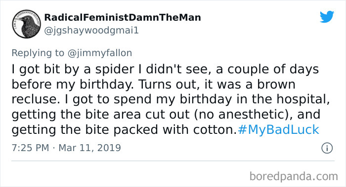 Tweet about a brown recluse spider bite causing a hospital stay, shared in Jimmy Fallon’s #BadLuck moments collection.