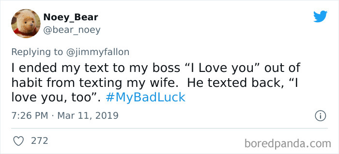 Tweet showing a shared #BadLuck moment where a man mistakenly told his boss he loved him instead of his wife.